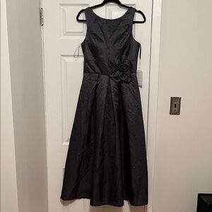 Elegant Black on black floral Satin tea length dress size 10